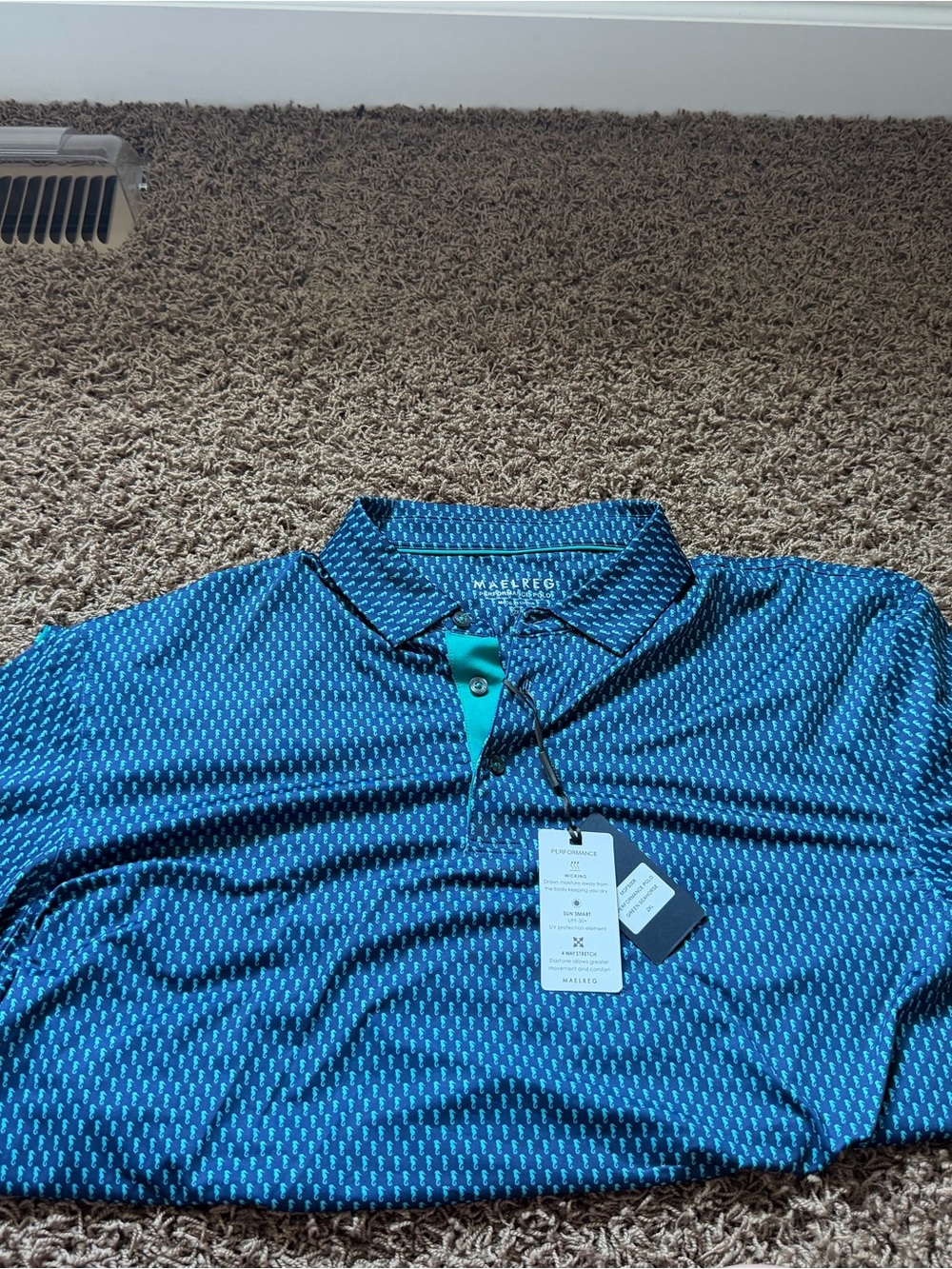 NWT Mealreg Teal Patterned Polo with Contrast Placket